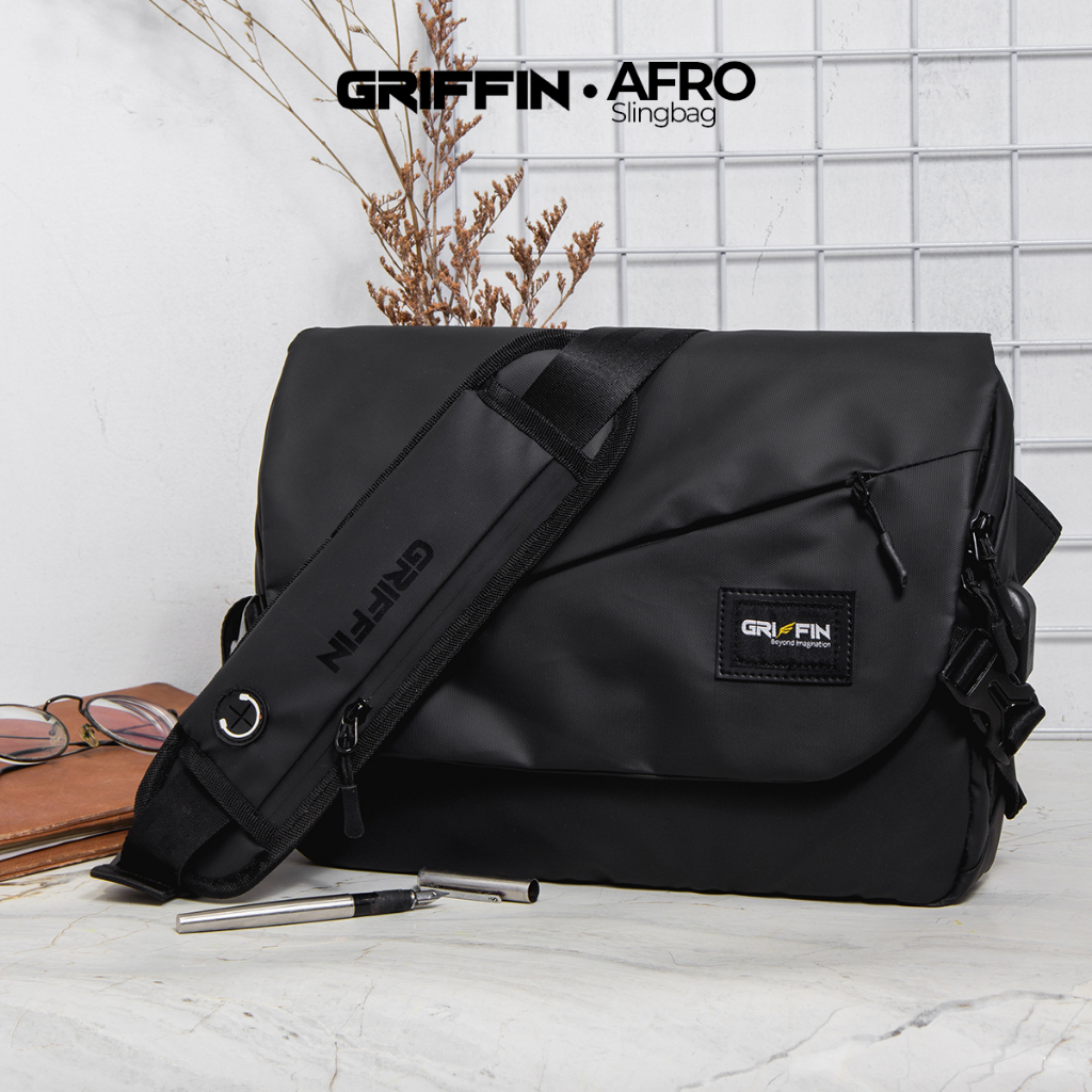 Tas Sling Bag Laptop Pria Waterproof Hitam Elegan Afro by Griffin