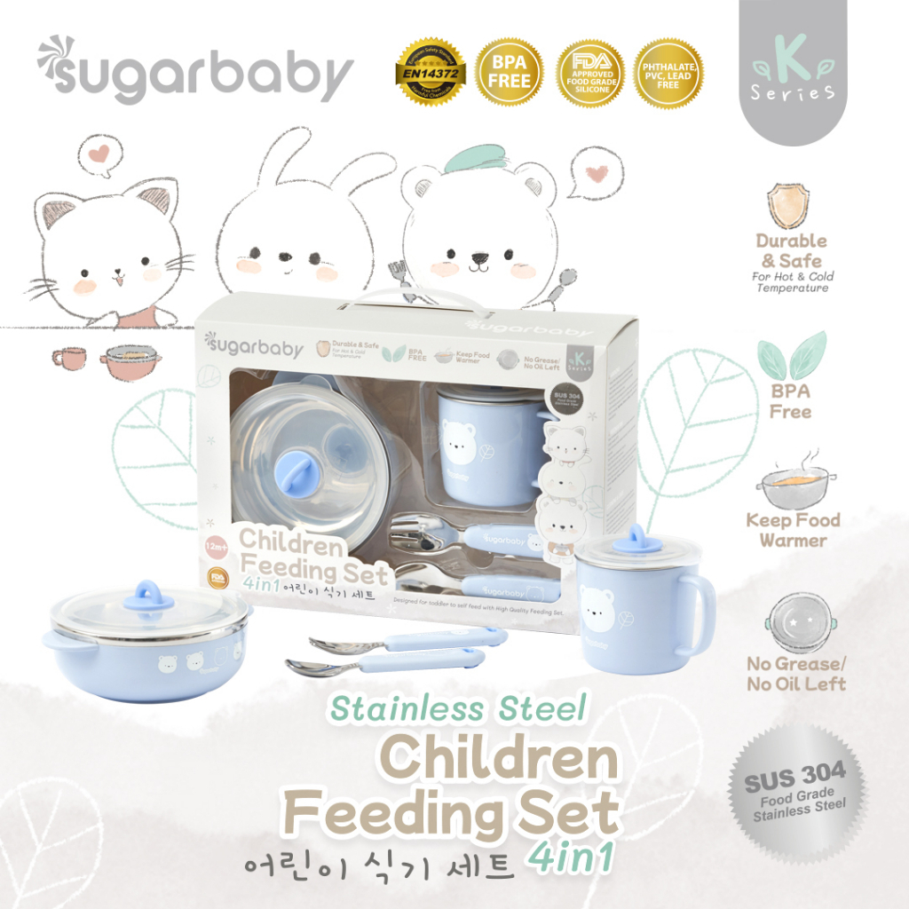 Sugar Baby Stainless Steel Children Feeding Set 4in1 (K-Series) / Set Alat Makan Bayi / Perlengkapan MPASI Bayi (Tersedia varian warna)