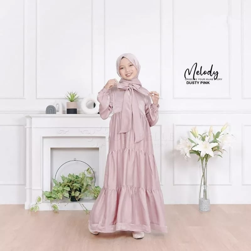 Baju Anak Perempuan Terbaru Melody Dress Kids Gamis Anak Umur 10-13 Tahun Bahan Santorini Silk