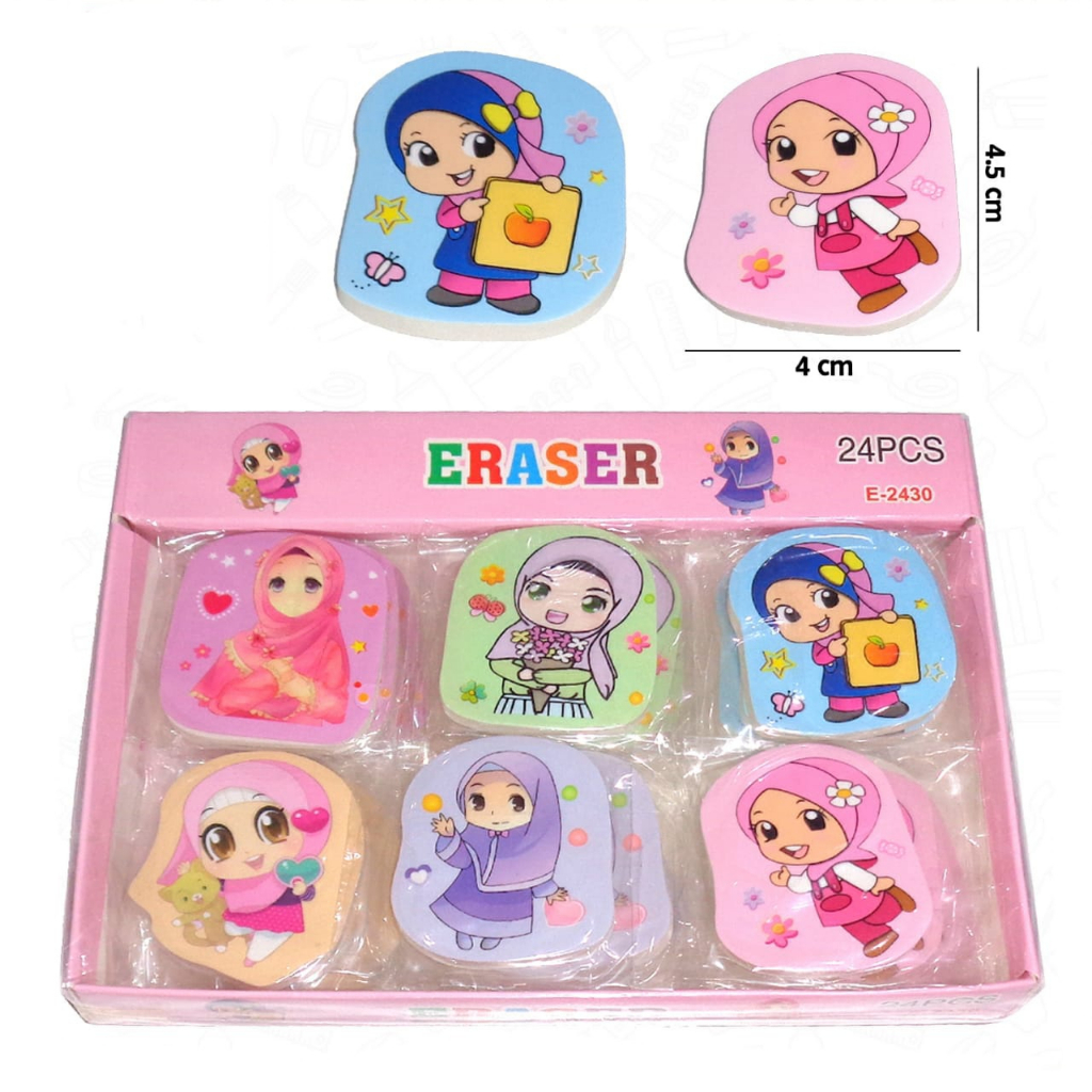 

1 BOX / 24 Pcs Eraser Karakter Motif Hijab E-2430