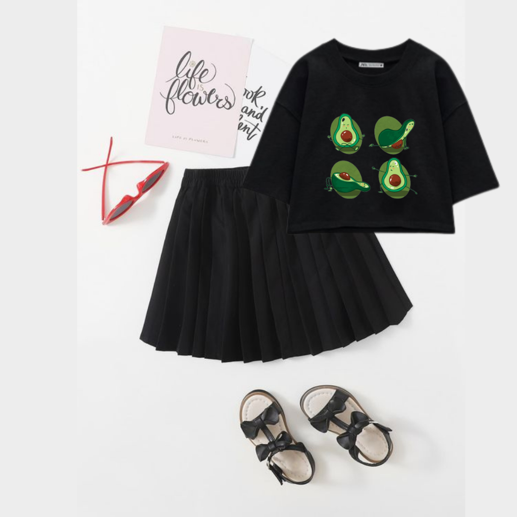 JBF 1 Set Outfit Cewek Kekinian Atasan Crop Top Oversized Avacado Dan Celana Rok