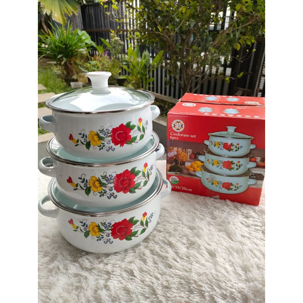 Panci set enamel 3 susun+ tutup kaca/panci bunga/panci susun bunga/panci susun jaman dulu/panci jadu