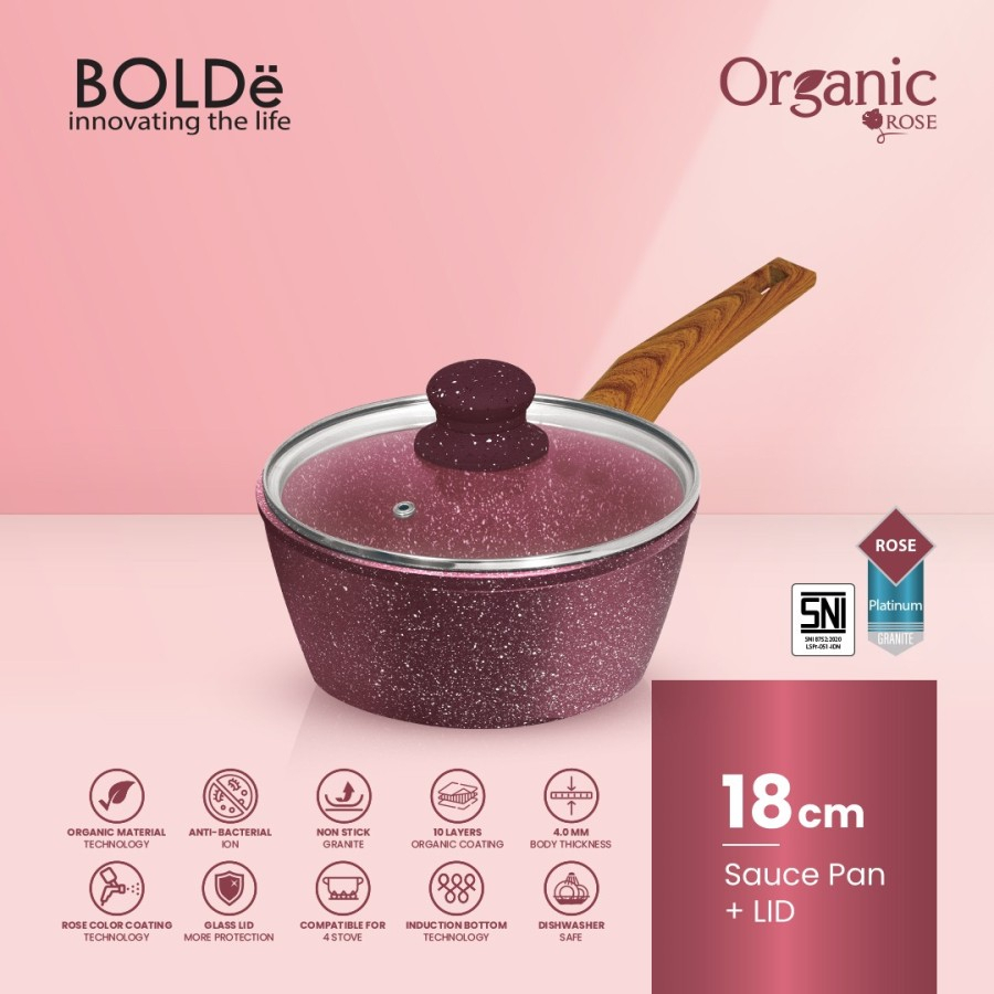 BOLDe Organic Rose Sauce Pan 18cm Glass Lid Pan Granite Anti Lengket