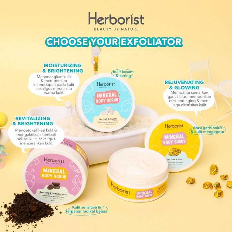 【Official Outlet】HERBORIST Mineral Body Scrub 200gr Sea Salt Kaolin Volcanic Mud Gold Bodycare Lulur Mandi Scrub Badan Pencerah Pemutih Badan BPOM Halal Perawatan Kecantikan Premium Termurah