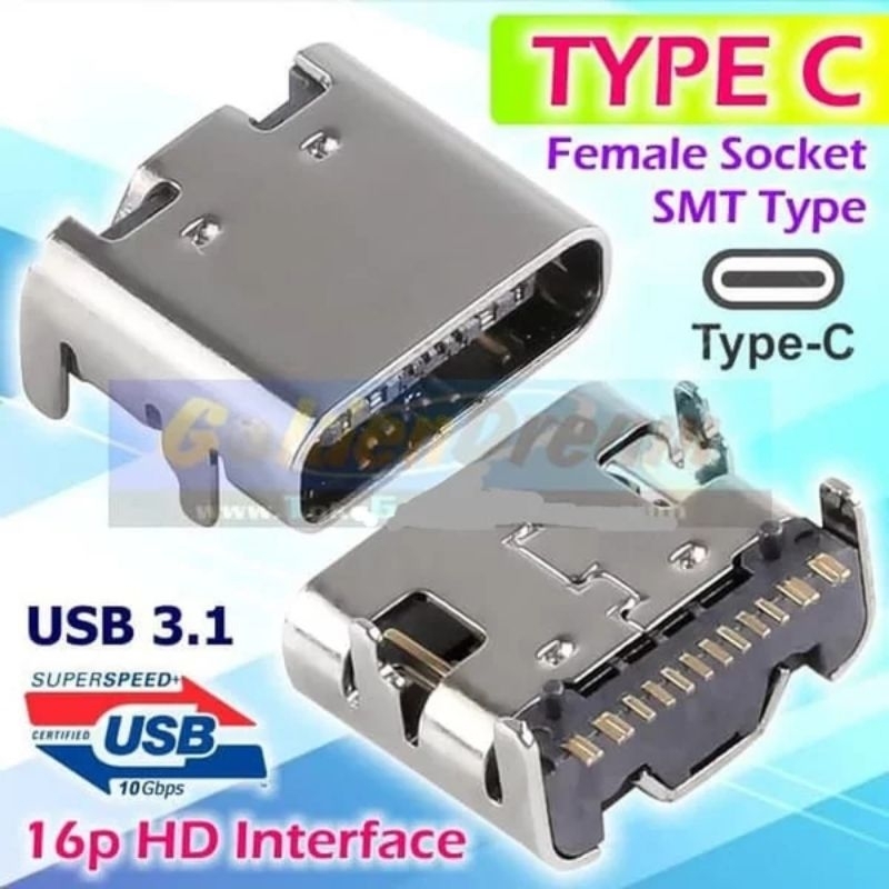 Soket USB Type C 16P Connector USB 3.1 SMD Female DIP4 Hd