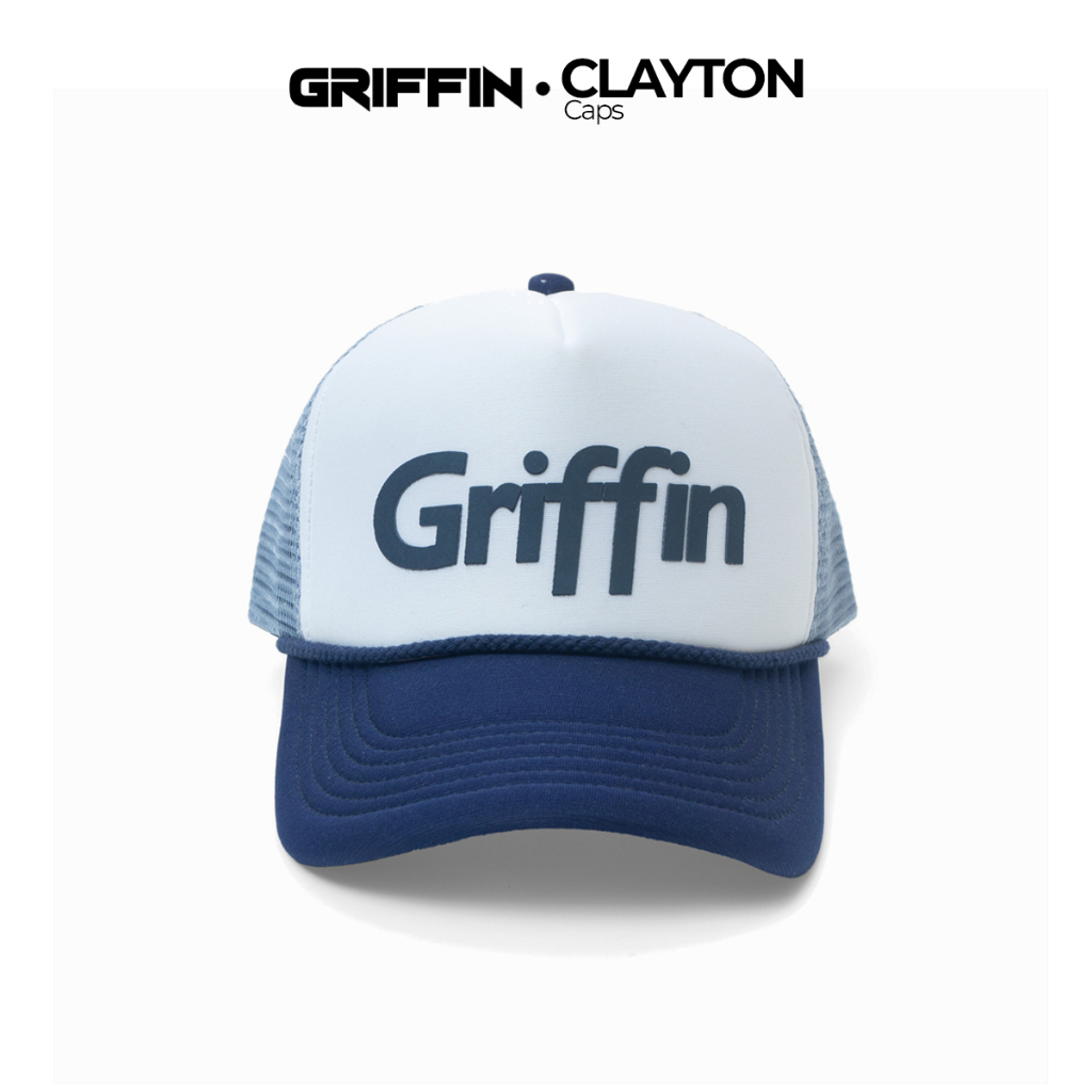 Topi Trucker Pria Wanita Unisex Putih Biru Keren Sablon Hi Density Timbul Clayton by Griffin