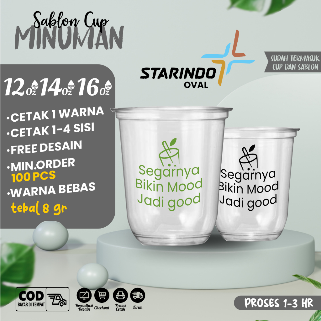 Custom Sablon Gelas Cup Plastik Oval Ukuran 12-16 Oz Merek Starindo - Minimal Order 100 Pcs - Bahan 