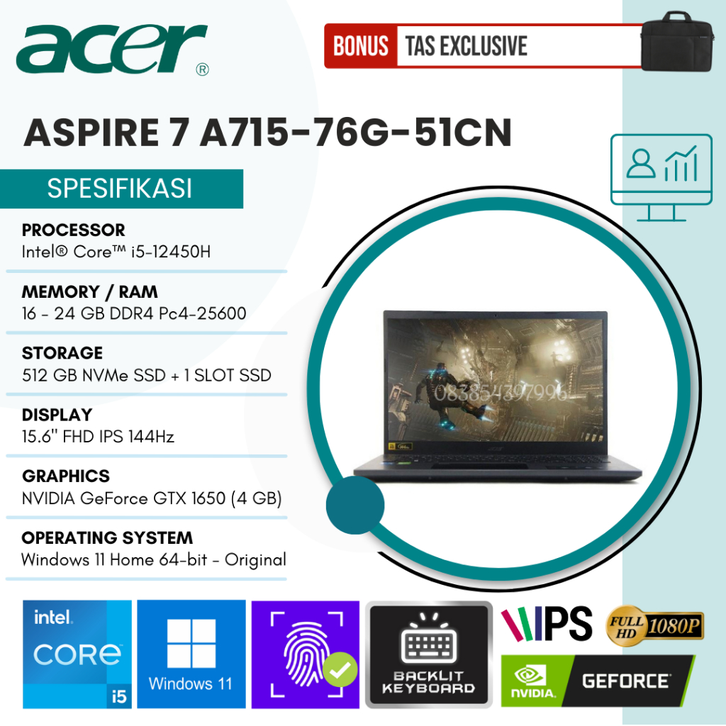 LAPTOP GAMING VGA 4GB - ACER ASPIRE 7 A715-76G-51CN / CORE I5-12450H / RAM 24GB / SSD 512GB (UPGRADABLE) / NVIDIA GEFORCE GTX 1650 / THUNDERBOLT 4 / FINGER PRINT / BACKLGHT KEYBOARD / 15.6&quot; IPS FHD 144HZ / WINDOWS 11 ORIGINAL