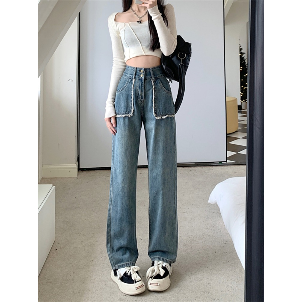 Korean Style Jins Celana high waist american retro loose causual jeans