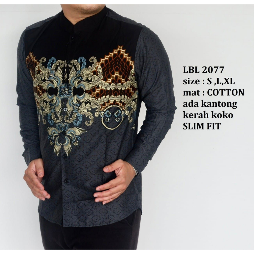 BatikBule Kemeja Batik Slimfit Panjang Motif Casual Warna Abu Hitam &amp; Tosca Hitam Kerah Shanghai LBL 2077 &amp; 2078