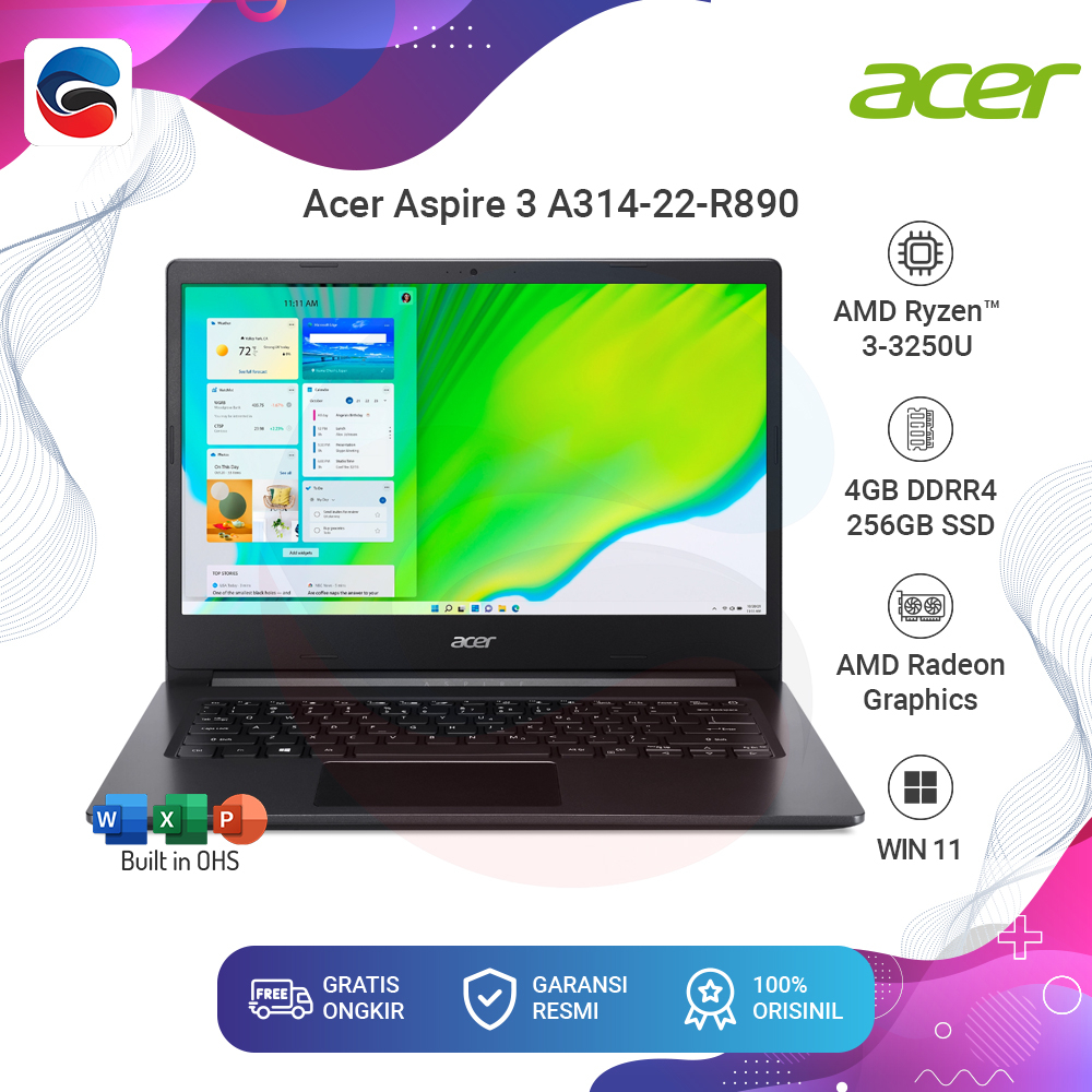 ACER Laptop Aspire 3 Slim (A314-22) AMD Ryzen 3-3250U 4GB 256GB Win 11 Home Office Home &amp; Student 2021