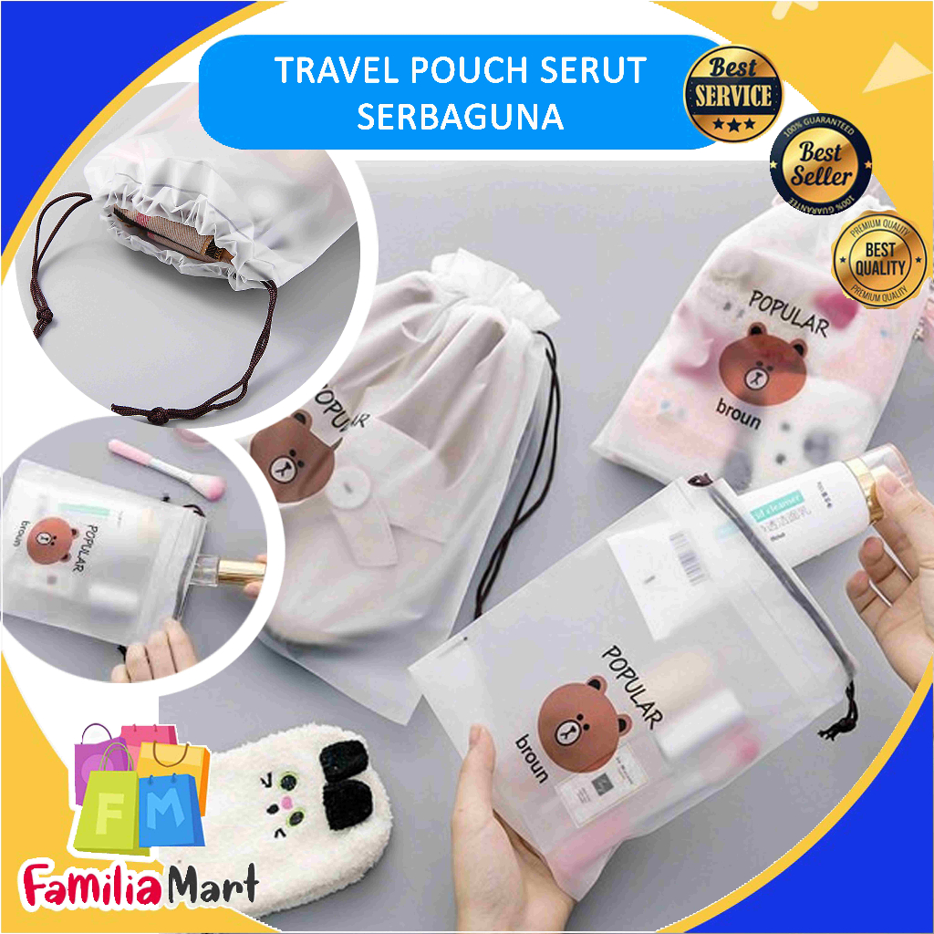 Travel Pouch Organizer / Tas Serut / Travel Pouch Storage Make Up Serbaguna Karakter Bear Brown Multifungsi