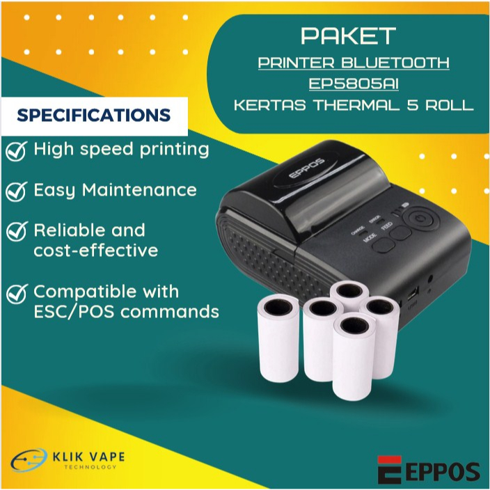 TERMURAH PAKET PRINTER BLUETOOTH EP5805AI + KERTAS THERMAL 5PCS