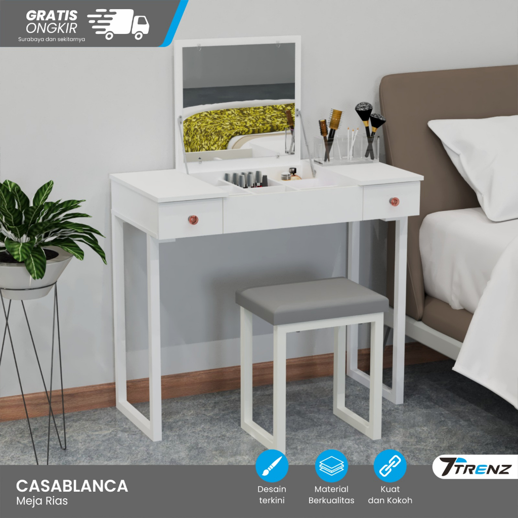 Trenz Furniture - Meja Rias Standing dengan Laci Kursi Meja Skincare Kaca lipat - Matkens Casablanca