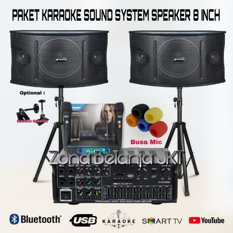 PAKET KARAOKE SOUND SYSTEM SPEAKER 8 INCH AMPLI USB BLUETOOTH MIC WIRELESS KARAOKE RUMAHAN SIAP PAKAI ( SET 4 )