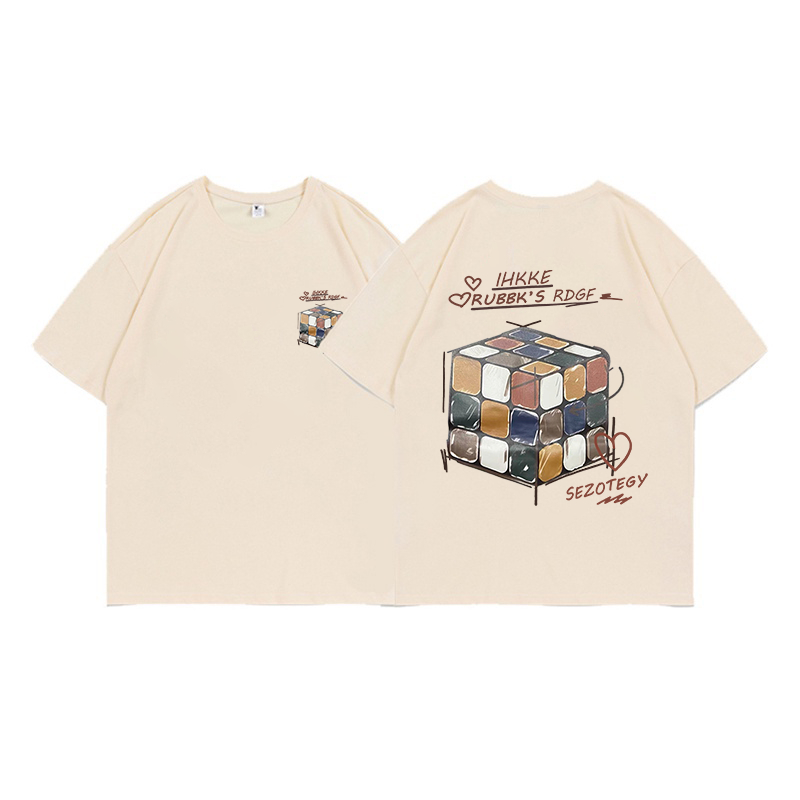 XiaoZhaiNv Kaos Atasan Oversize Wanita Colorful Magic Cube Pattern Lengan Pendek A0480