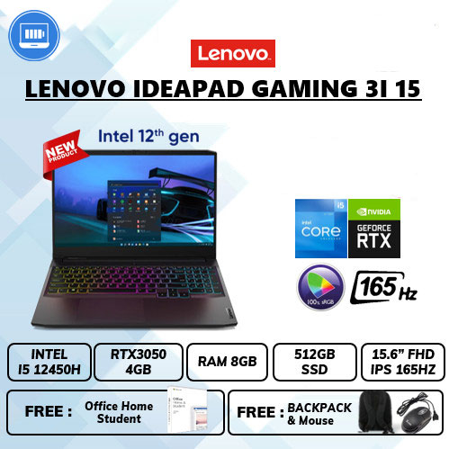 Laptop Le ideapad gaming 3i 15 rtx 3050 4gb i5 12450h ram 8gb ssd 512gb 15&quot;