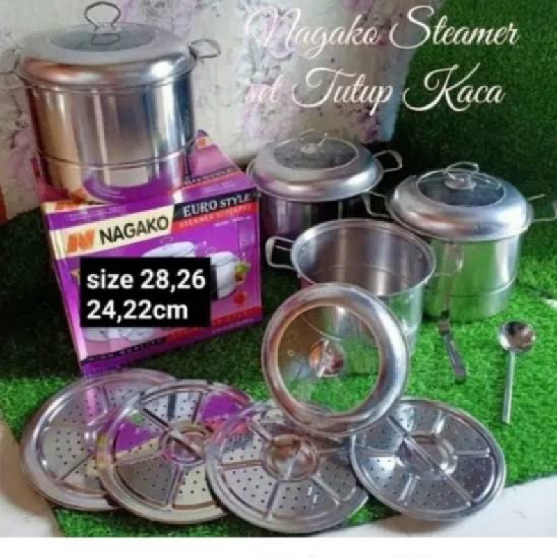 Panci Set Stockpot Steamer Nagako Stainless 4 pcs Euro Style Tutup Kaca