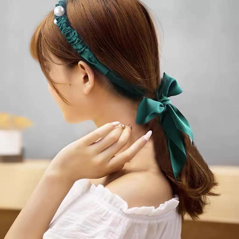 Bando Tali Korea Gaya Rambut Panjang Fashion Pita Mutiara Besar Kepang Bandana Headband