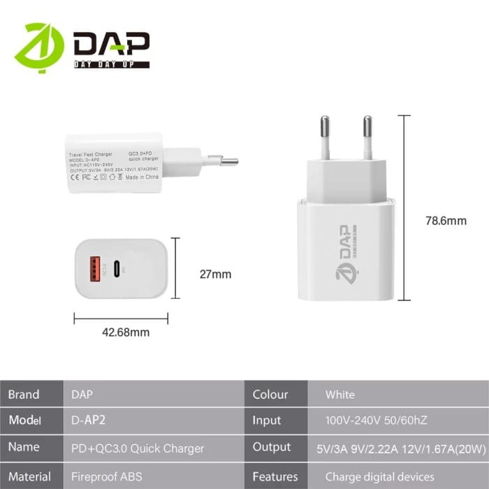 Batok Charger DAP D-AP2 Colokan USB dan TYPE-C Kepala Casan DAP D-AP2 USB dan C Adaptor Charger DAP D-AP2 USB dan TIPE C ORIGINAL