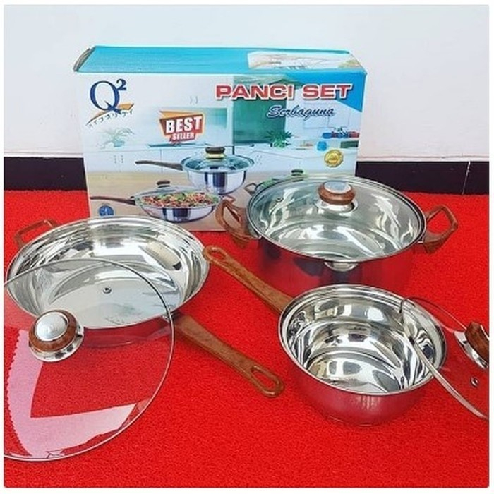 Q2 Cookware Panci Set Stainless Gagang Kayu Cookware Set Q2-7206