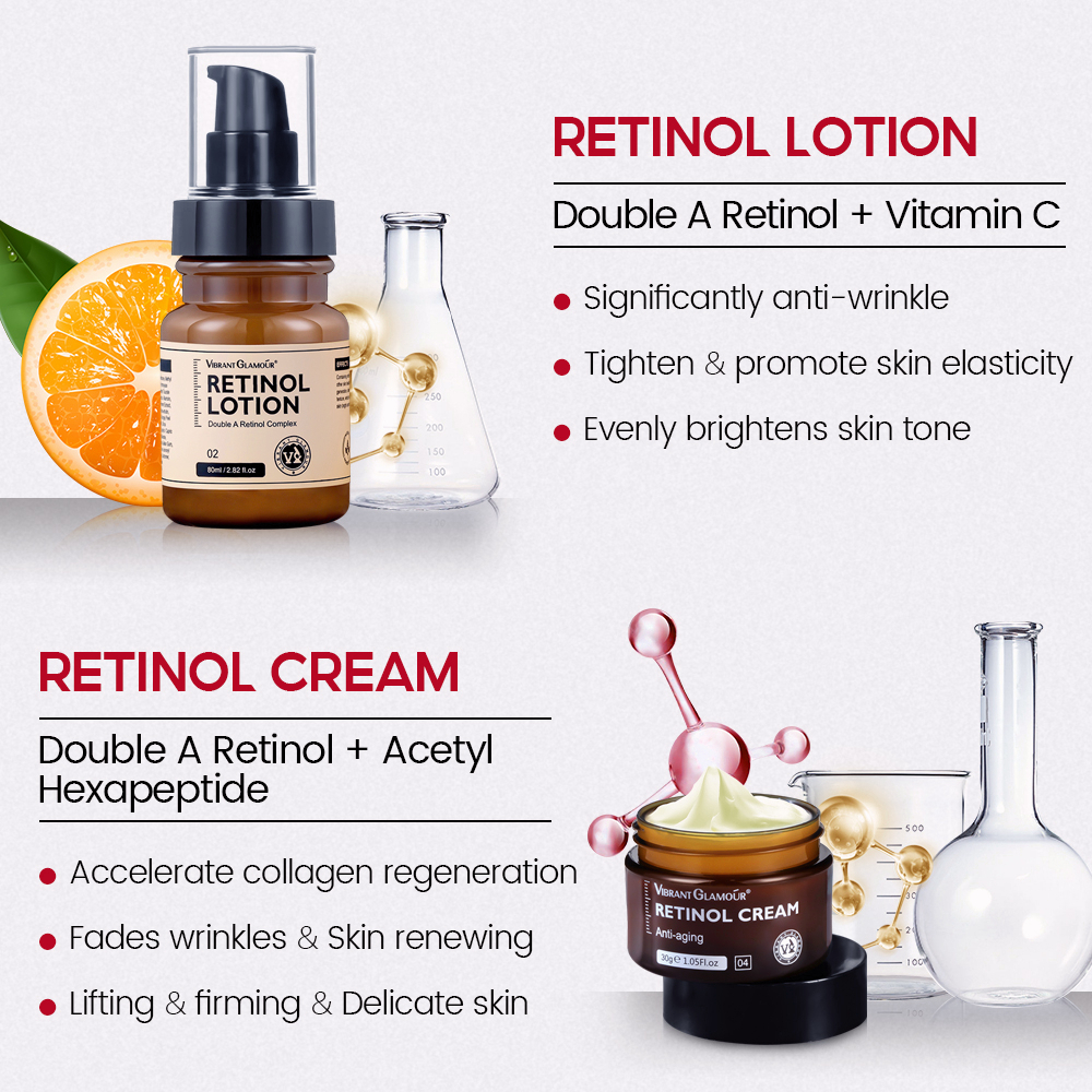 VIBRANT GLAMOUR Pieces Double Retinol Set Krim Wajah Retinol + Serum + Toner + Losion Retinol Asli Anti Penuaan Keriput