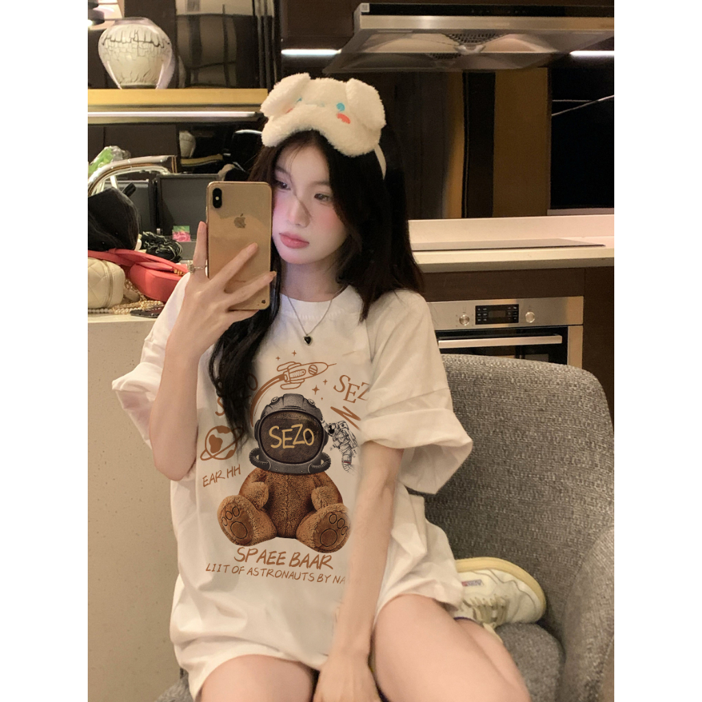 EUNII T-shirt Lengan Pendek Cartoon Sezo Plush Bear Korean Style/Kaos Atasan Wanita/Baju Kaus Oversize Wanita/Kaos Wanita