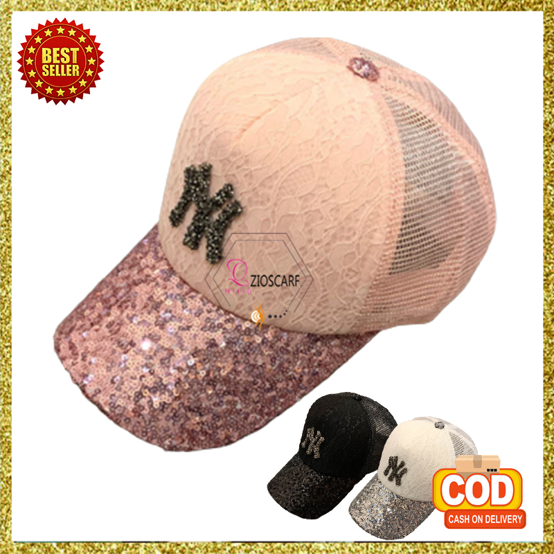 Topi Wanita Baseball Polos Gaya Korea Jepang NY Manik Sequin Trucker Hat Gaya Casual Kekinian Trendy BSAT