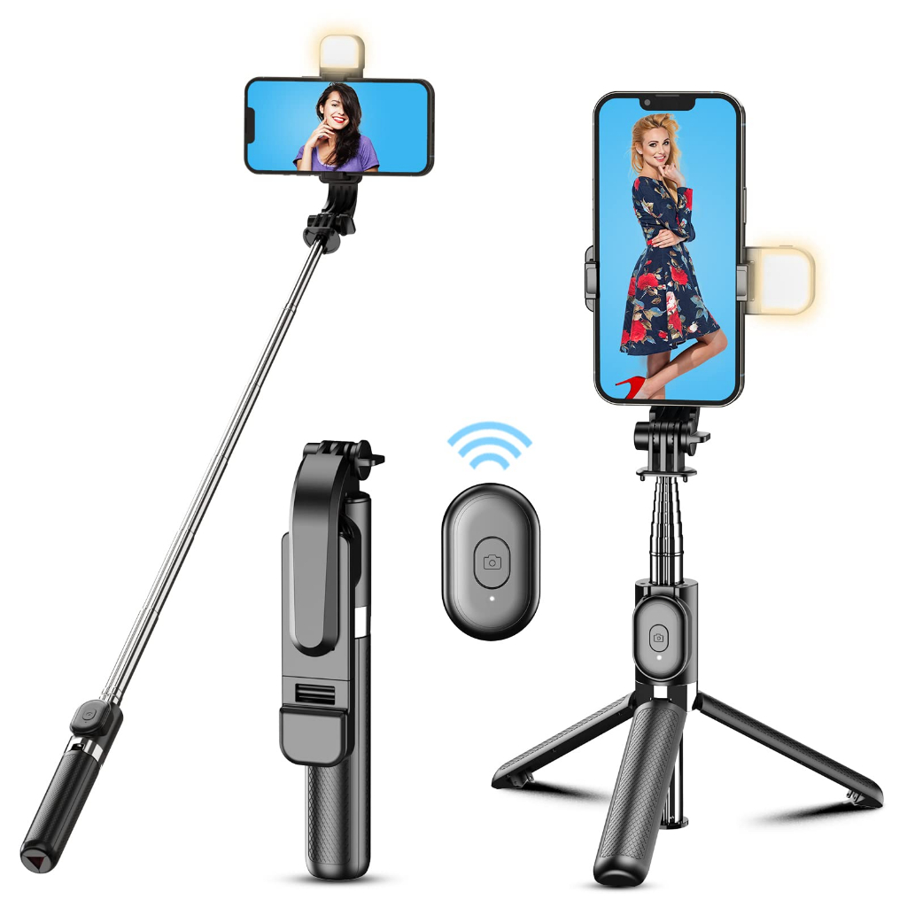 1M Tongsis Tripod Selfie Stick Bluetooth with Fill Light 360° Rotasi Gimbal HP Aluminum Alloy Tripod Detachable Handphone Clip With Remote Control-1