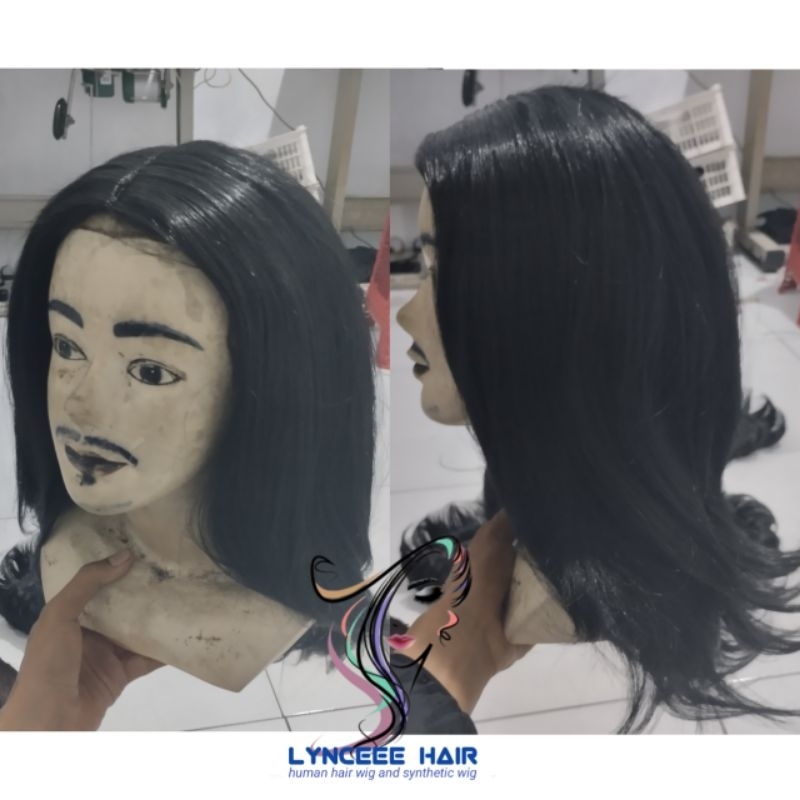 Wig Pria Belah Tengah Gondrong Panjang Rambut Palsu Cowok Lurus Natural Warna Hitam