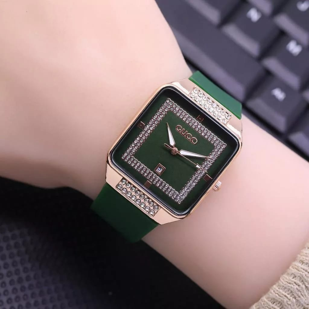 [✅COD] JAM TANGAN WANITA MURAH G4CC1 DIAMOND RUBBER TANGGAL AKTIF PERSEGI BWL-46