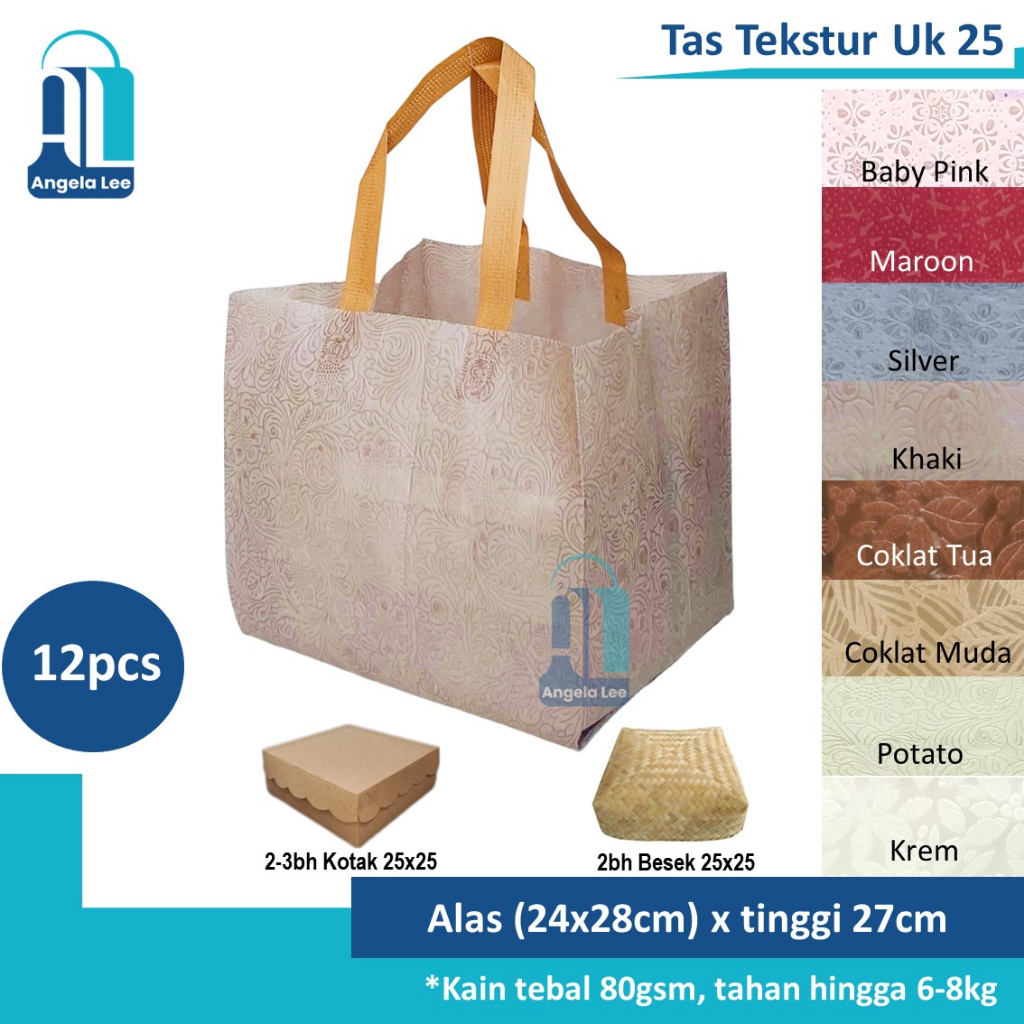 12pcs Tas Kain Spunbond Motif Tekstur Timbul Mewah muat 2box 25x25 Hijau Bunga Hajatan Syukuran