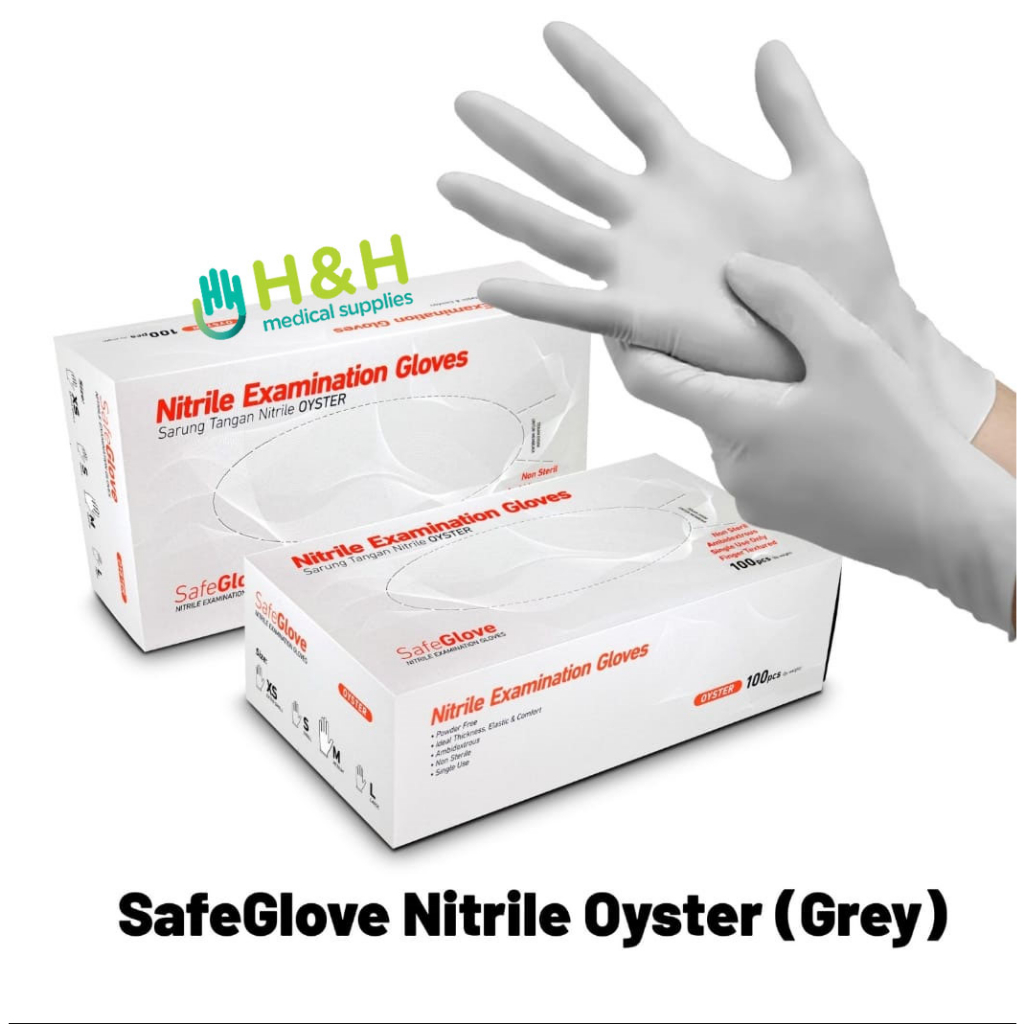 Sarung Tangan Nitrile Safe Glove Oyster Abu Abu / Sarung Tangan Nitrile Examination Glove Safe Glove Oyster Abu Abu / Handscoon Nitrile Nitril Safe Glove Oyster Abu Abu / Sarung Tangan Medis / Sarung Tangan Kesehatan /  Sarung Tangan Nitrile