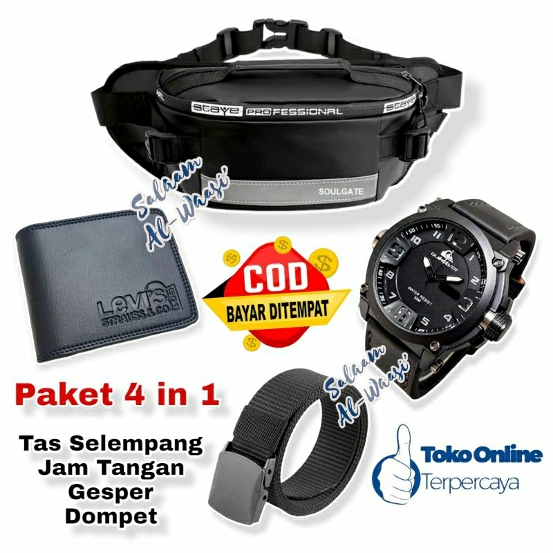 Tas Selempang Pria Gratis Jam Tangan Tali Semi Kulit + Gesper Nilon dan Dompet Pendek Lipat Dua Fashion Pria Waistbag Viral Kado Cowok Termurah Paket Hampers Buat Cowok Jam Tangan Kasual Laki-laki Dompet Kulit