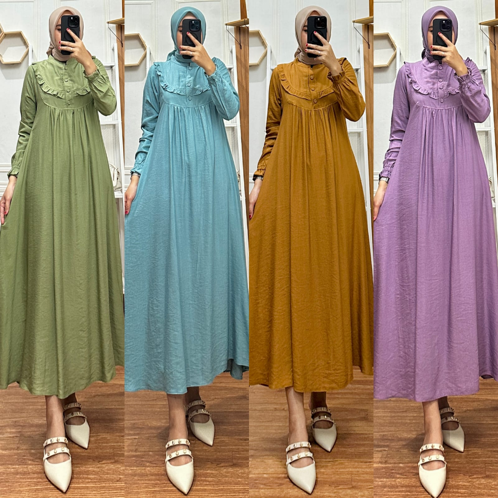 Midi Dress Muslim Bahan Linen Crespo Impor | Midi Dress LInen Premium