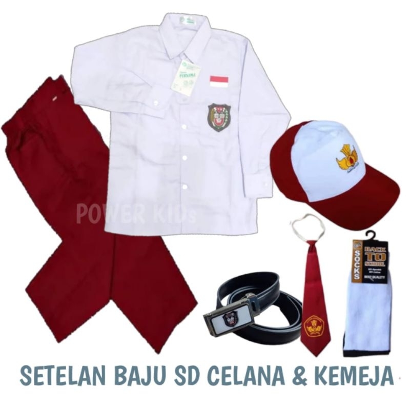 Setelan seragam sekolah SD merah putih kemeja panjang &amp; celana panjang