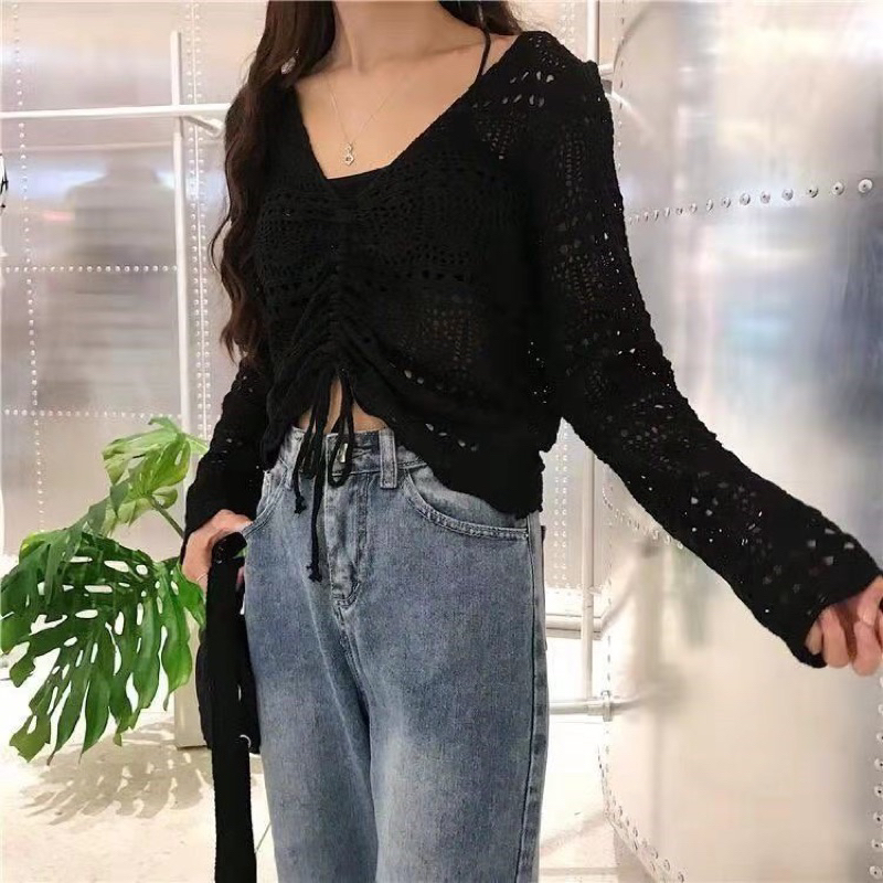 Long Sleeve Crop Top Atasan Lengan Panjang 2151  / Baju Wanita Blouse Korea jala Tali Serut