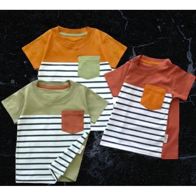 kaos kombinasi salur poket segitiga anak dan dewasa