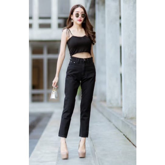 YAOSHI - Plain Boyfriend / Celana Jeans Boyfriend / Boyfriend Hitam Pekat 27-34