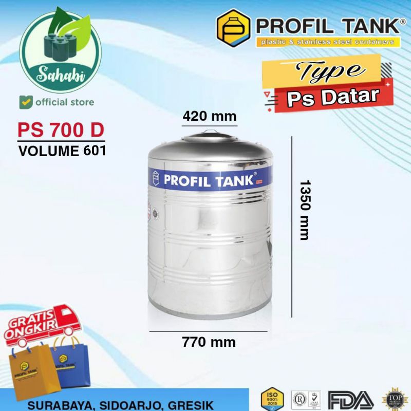 Toren Air Tangki Air Tandon Air Profil Tank Stainless PS 700 Liter 601 Liter Datar Tanpa Kaki