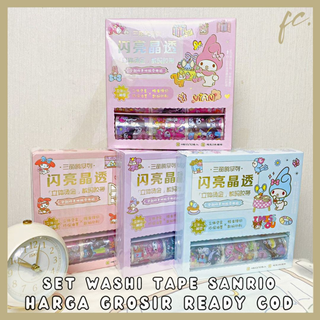 

Box Set 12 pcs Roll Solatip / Isolasi Washi Deco Tape Kartun Sanrio CHF Hello Kitty Kuromi Cinnamoroll Pompompurin My Melody Scrapbook / Selotip Mini Refill Decotape Pastel DIY Kit Journaling Harga Grosir Ready COD