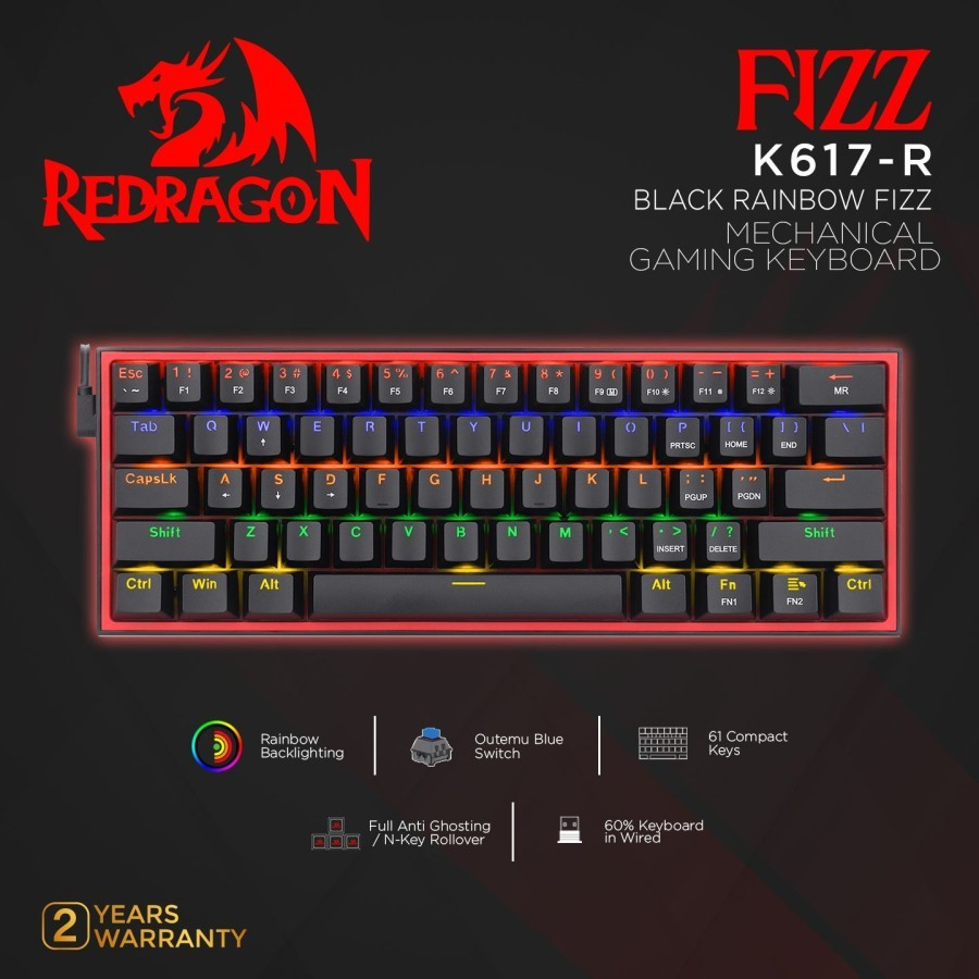 Redragon Fizz K617 Rainbow - 60% Mechanical Gaming Keyboard