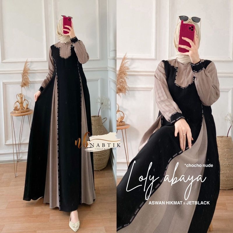 Dres gamis LOLY ABAYA bahan aswan premium mix jet black original by nabtik