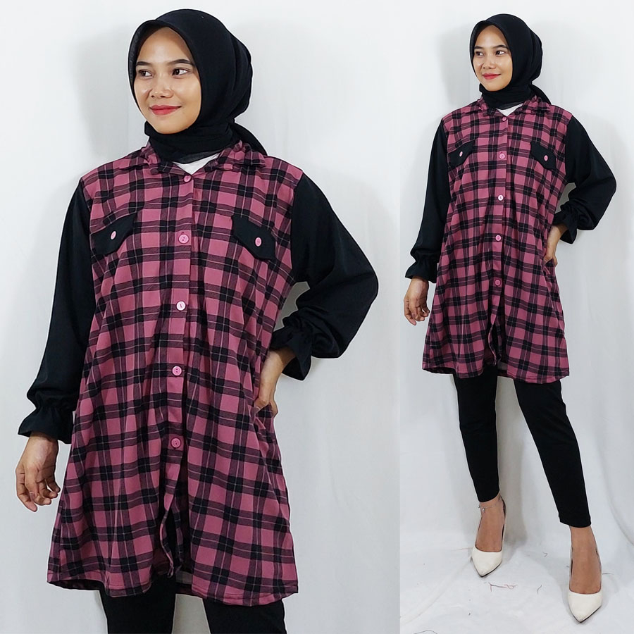 CARLINA TUNIK KOTAK PUTRI DRESS KEMEJA TARTAN FLANEL WANITA FASHION