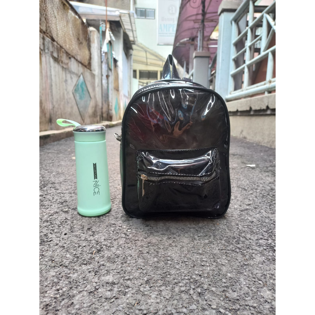 Tas Ransel Mini Wanita Pvc Transparant Tas Gendong Mika Korean Style Plus Botol MInum Tumbler Kaca