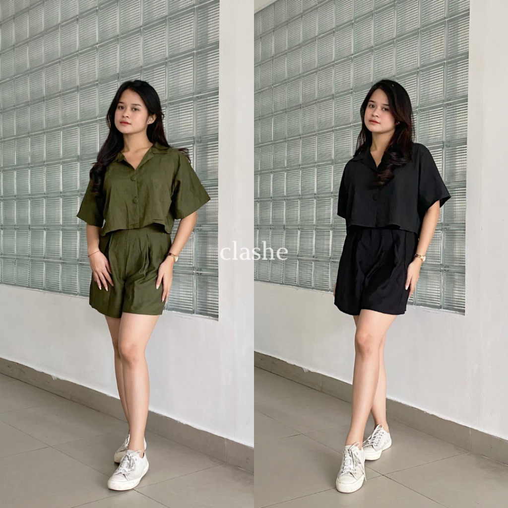 Setelan Wanita Atasan Kemeja Lengan Pendek Dan Celana Pendek Linen Korean Style Kekinian Terbaru Ootd Zia Set by Clashe