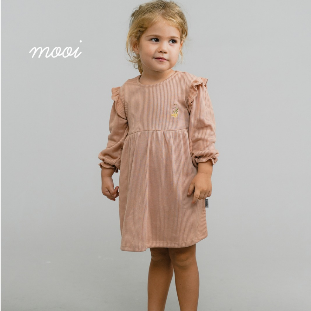 Mooi Lizy Rib Long Dress 1-5 Tahun Dress Panjang Reeb Ruffle Bordir Anak Perempuan CBKS