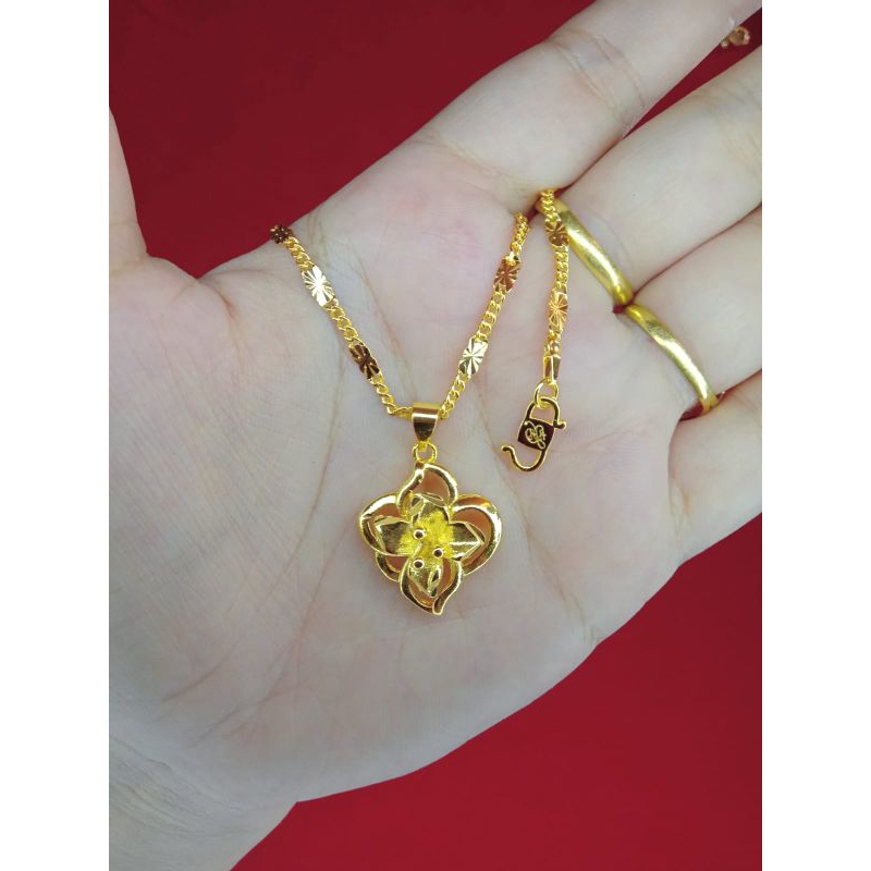 kalung rantai tempe bunga lapis emas 24k