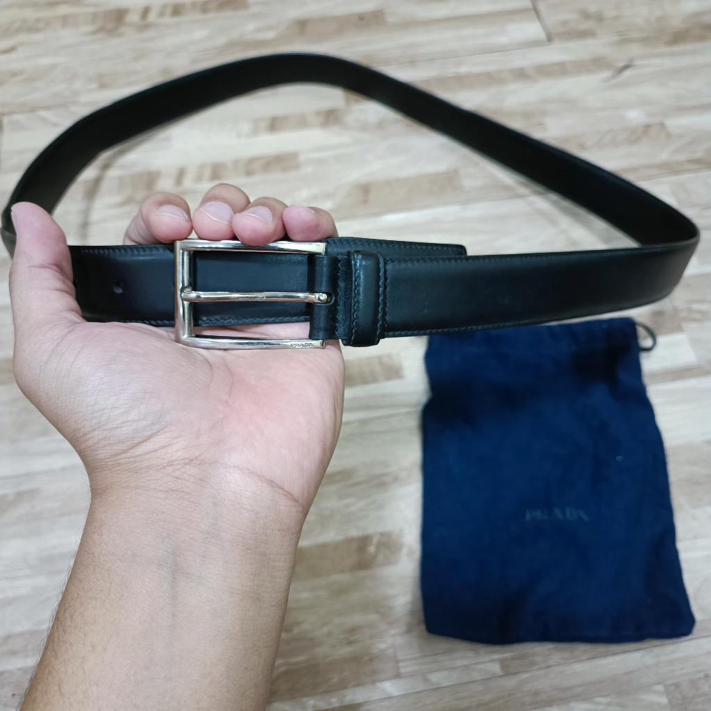 Sabuk Prada Saffiano Buckle Leather Belt Black Original Bekas