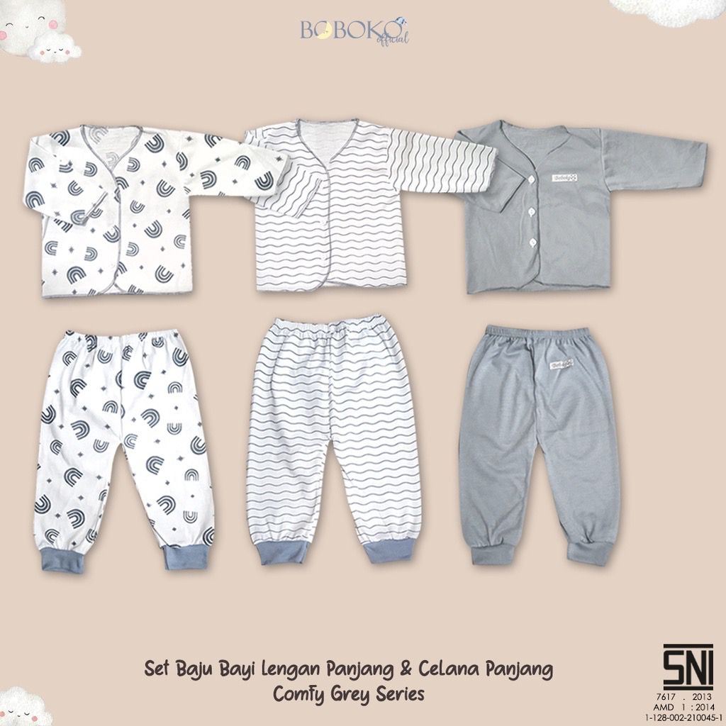 Baju bayi setelan piyama Comfy Grey Series bahan lembut sudah SNI / Baju Bayi Atasan Lengan Panjang Celana Panjang